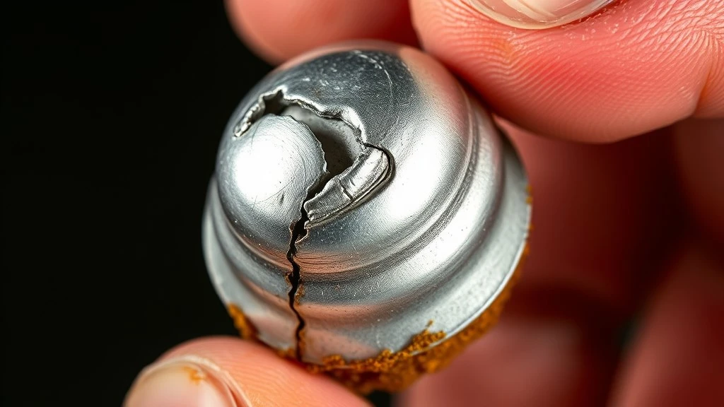 A close-up of a failed capacitor with a bulging domed top and dried electrolyte residue at its base A close-up of a failed capacitor with a bulging domed top and dried electrolyte residue at its base